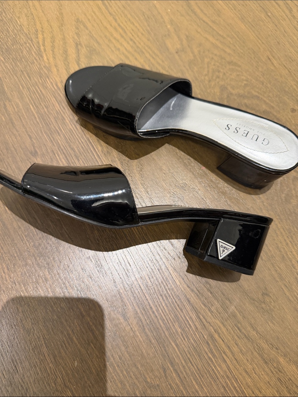 GUESS Black Patent Slide Mules with Low Block Heel